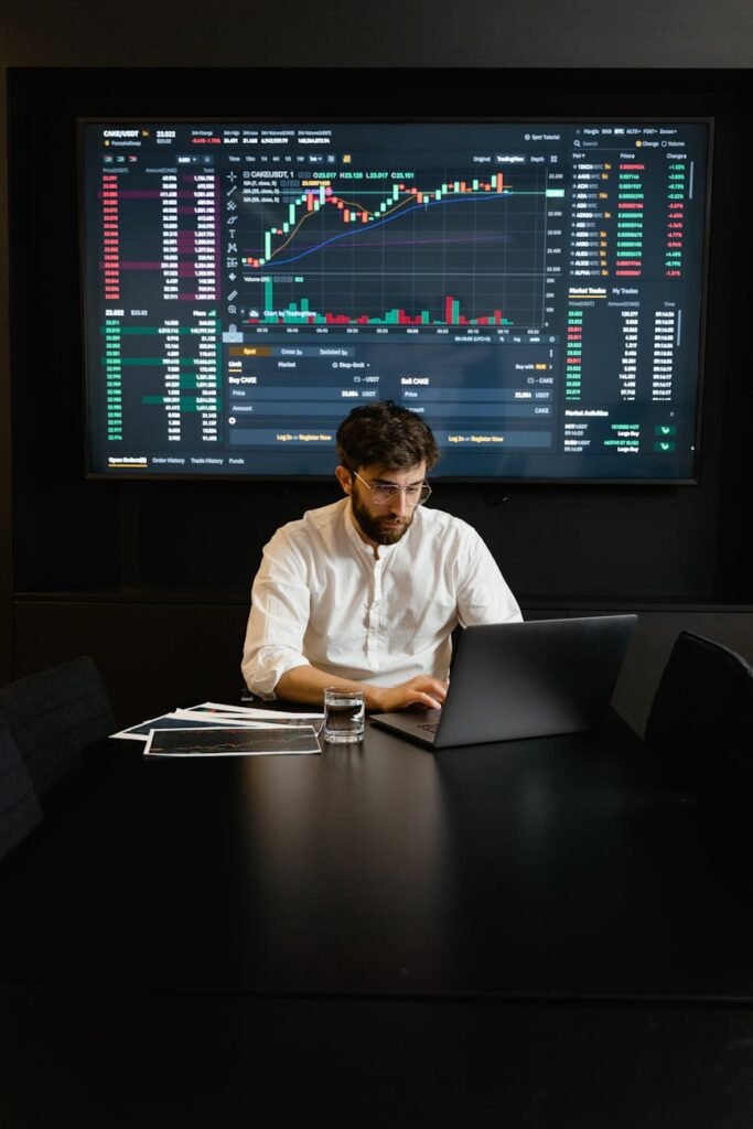 focused professional man using laptop